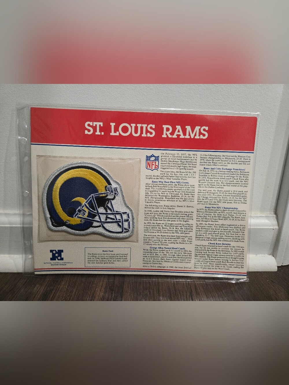 Vintage NFL 1995 St. Louis Rams Iron On Patch With Info Card